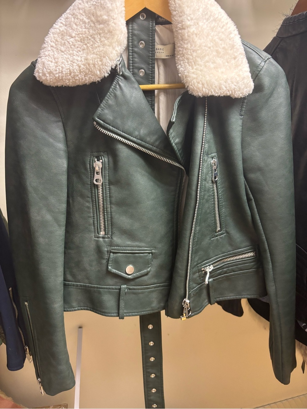 Zara Dark Green Faux Leather Moto Jacket with White Shearling Collar